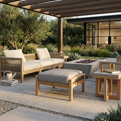 NATSEPA ottoman in 9 designer colors by Anderson Teak, showing a stylish footstool with wooden legs and plush fabric top.