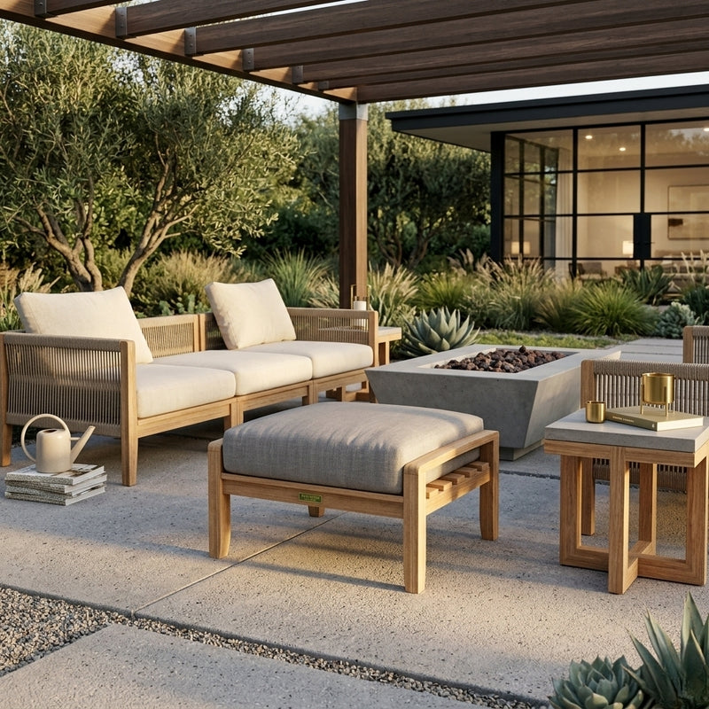 NATSEPA ottoman in 9 designer colors by Anderson Teak, showing a stylish footstool with wooden legs and plush fabric top.