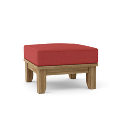 Anderson Teak Riviera Ottoman, luxury outdoor teak footstool in cast pomegranate, featuring 9 designer colors for patio decor.
