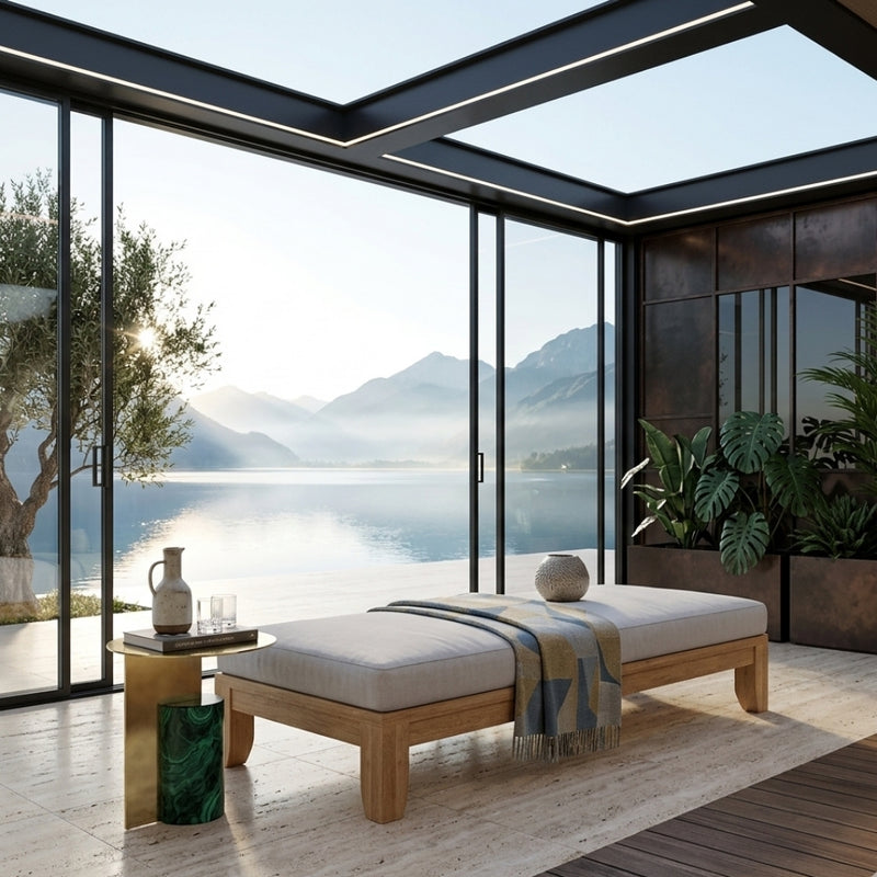 Outdoor LUXE 60-inch daybed by Anderson Teak with sleek design, shown in one of nine available designer colors, perfect for outdoor lounging.
