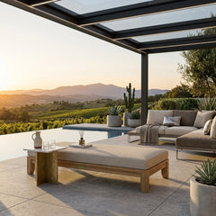 Anderson Teak Riviera 72-inch outdoor daybed with A-grade teak wood, in cast pomegranate, featuring a stylish garden lounge design.