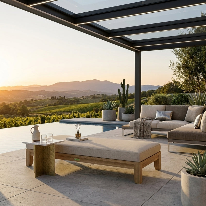 Anderson Teak Riviera 72-inch outdoor daybed with A-grade teak wood, in cast pomegranate, featuring a stylish garden lounge design.