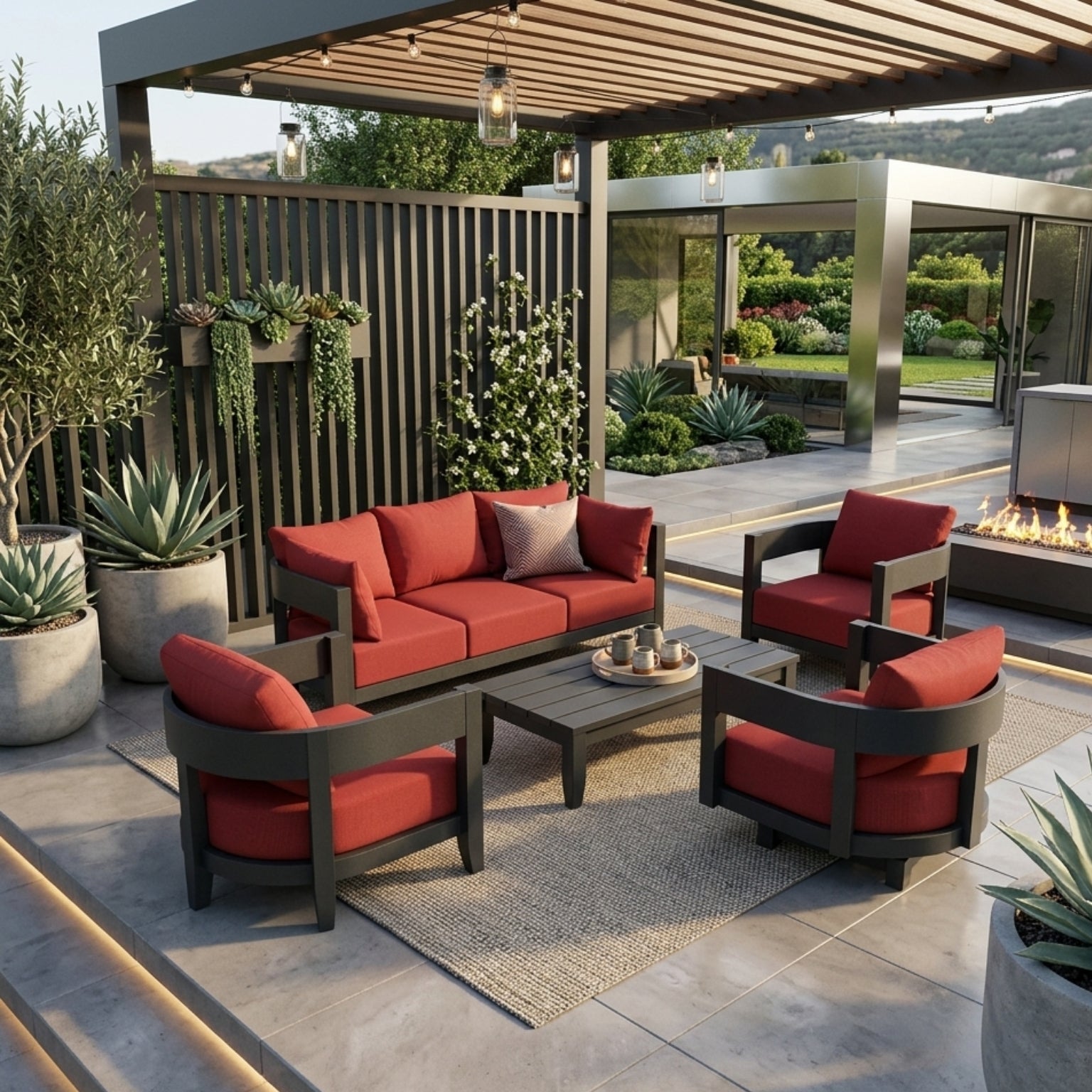 Anderson Teak 5-piece Coronado aluminum outdoor sofa set with deep seating, natural canvas cushions, for garden lounge, in 9 designer colors.