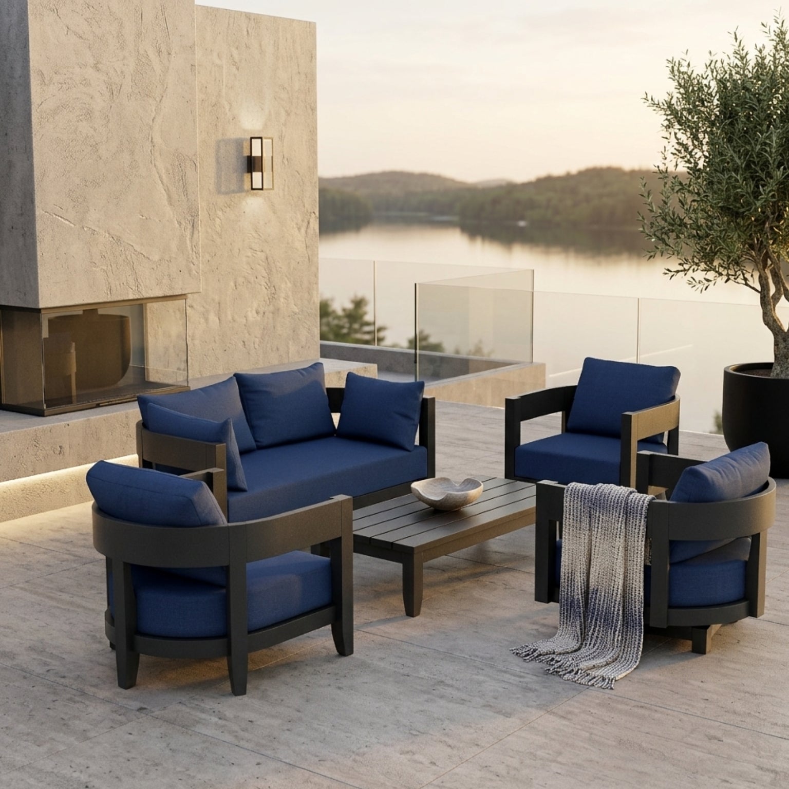 Anderson Teak 5-piece Coronado aluminum outdoor sofa set in natural canvas, includes deep seating for garden lounge, available in 9 colors.