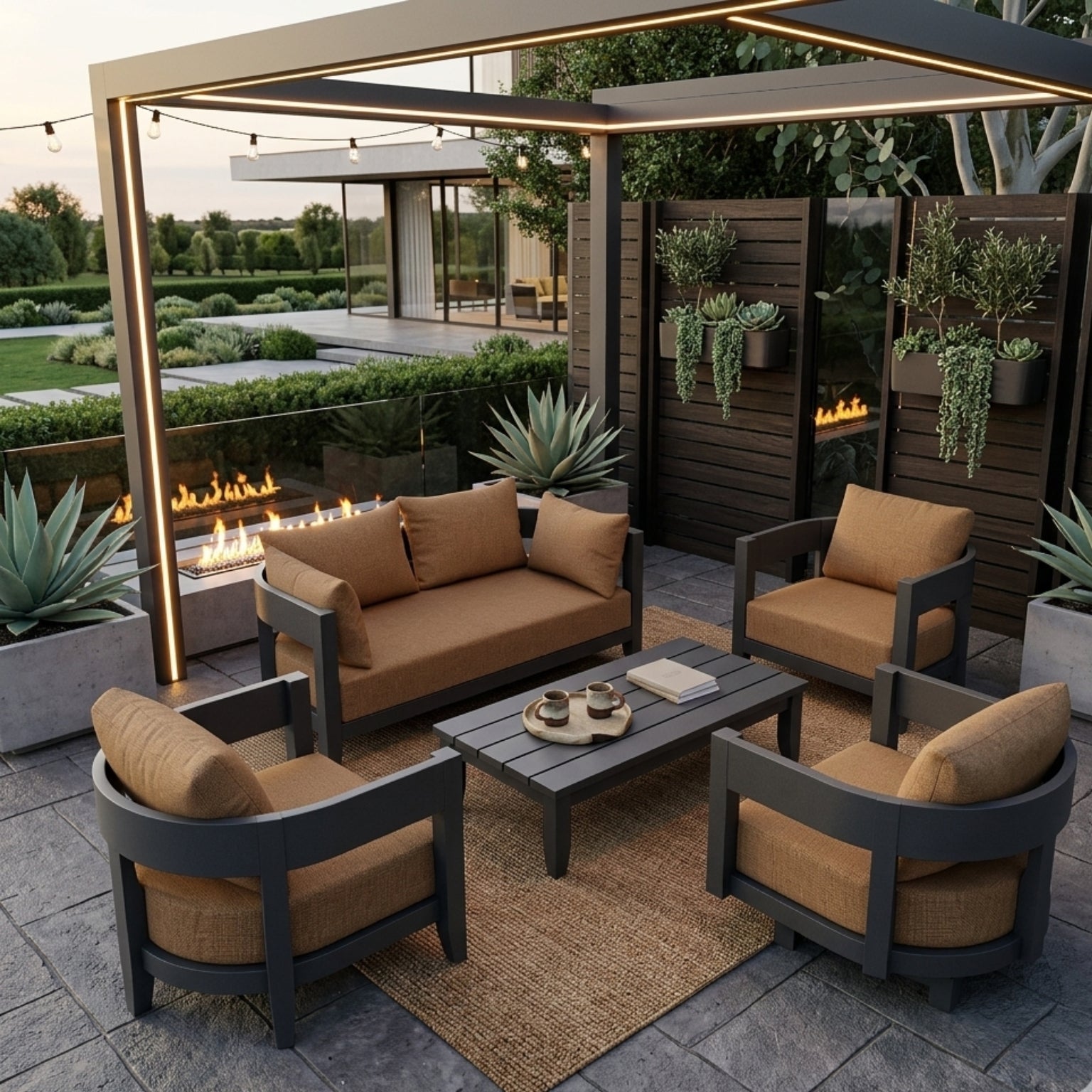 Anderson Teak 5-piece Coronado aluminum outdoor sofa set with deep seating, natural fabric cushions, and colorful design options.