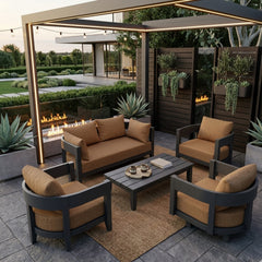 Anderson Teak 5-piece Coronado aluminum outdoor sofa set with deep seating, natural fabric cushions, and colorful design options.