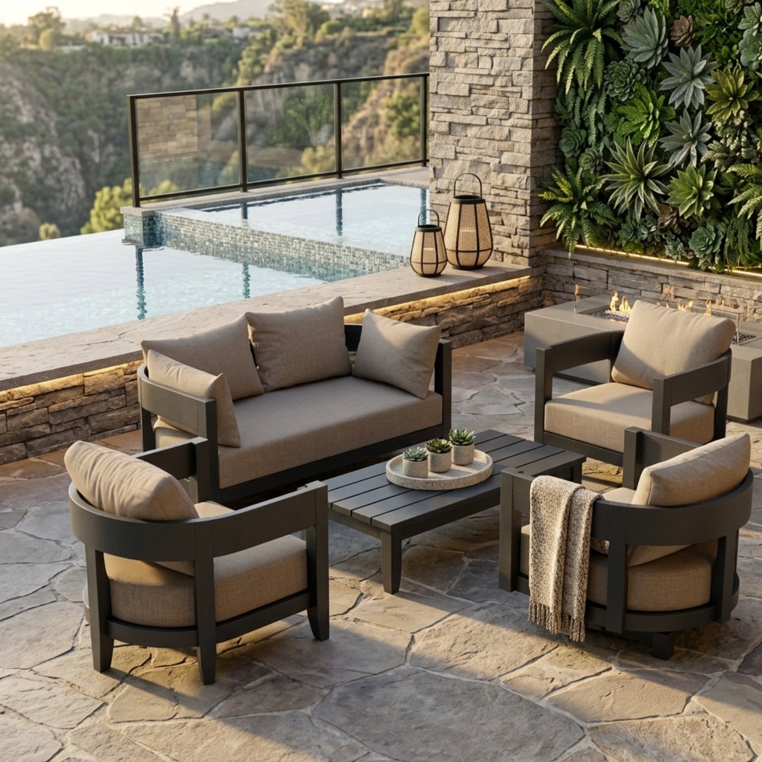 Anderson Teak Coronado 5-piece aluminum outdoor sofa set with deep seating, natural canvas cushions, ideal for garden lounge.