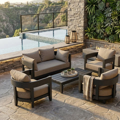 Anderson Teak Coronado 5-piece aluminum outdoor sofa set with deep seating, natural canvas cushions, ideal for garden lounge.