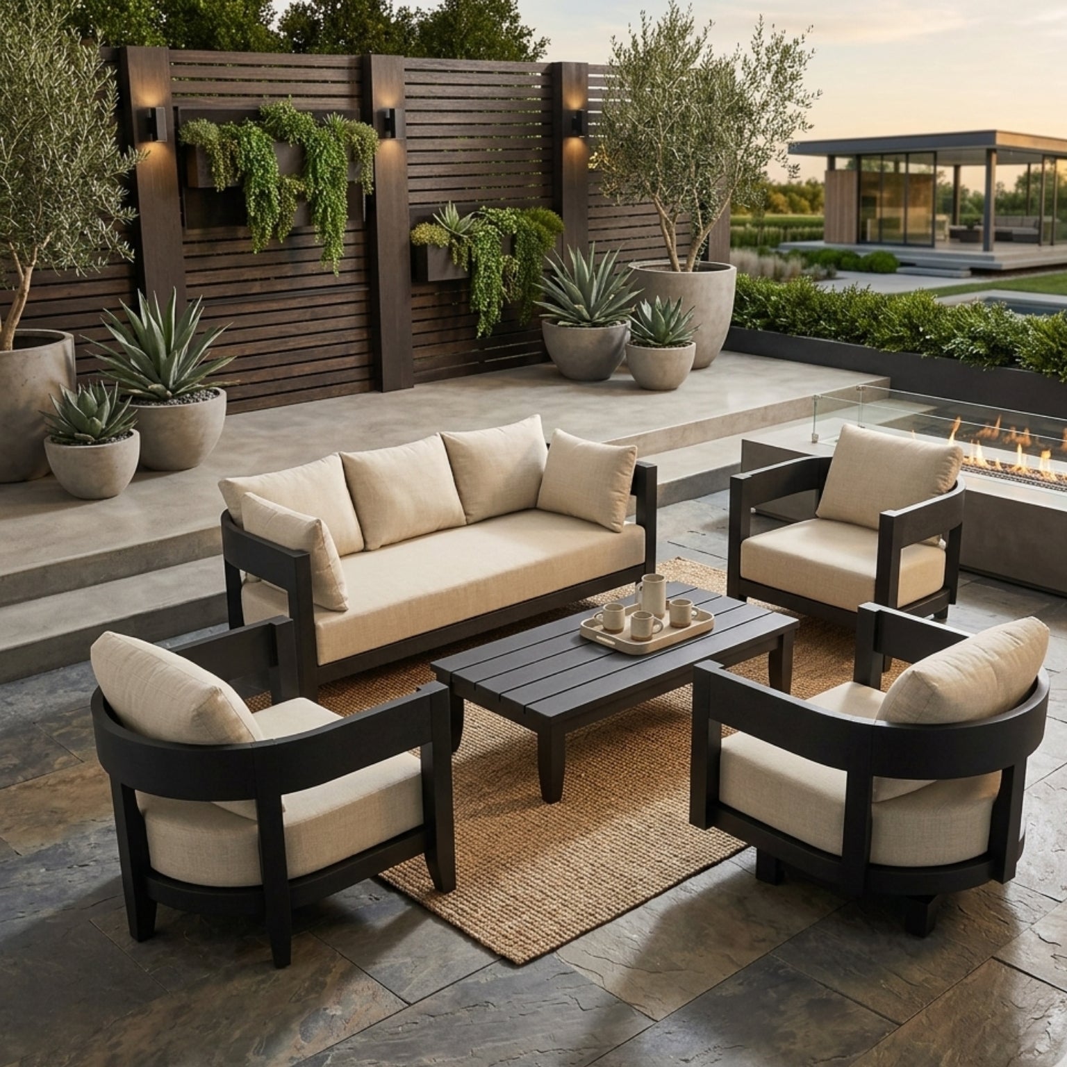 Outdoor aluminum deep seating sofa set by Anderson Teak with natural canvas cushions, part of the Coronado 5-piece patio lounge set.