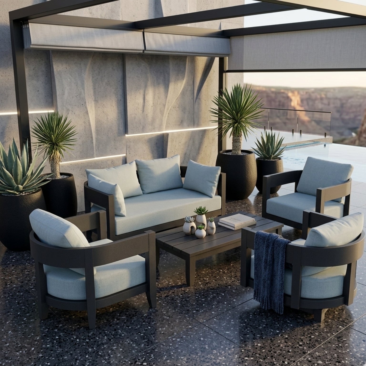 Anderson Teak 5-piece Coronado aluminum outdoor sofa set with neutral cushions, perfect for garden lounge or patio relaxing.