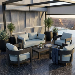 Anderson Teak 5-piece Coronado aluminum outdoor sofa set with neutral cushions, perfect for garden lounge or patio relaxing.