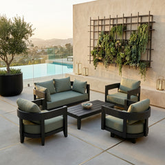 Anderson Teak 5-piece Coronado aluminum outdoor sofa set with deep seating, natural canvas cushions, and colorful designer options.