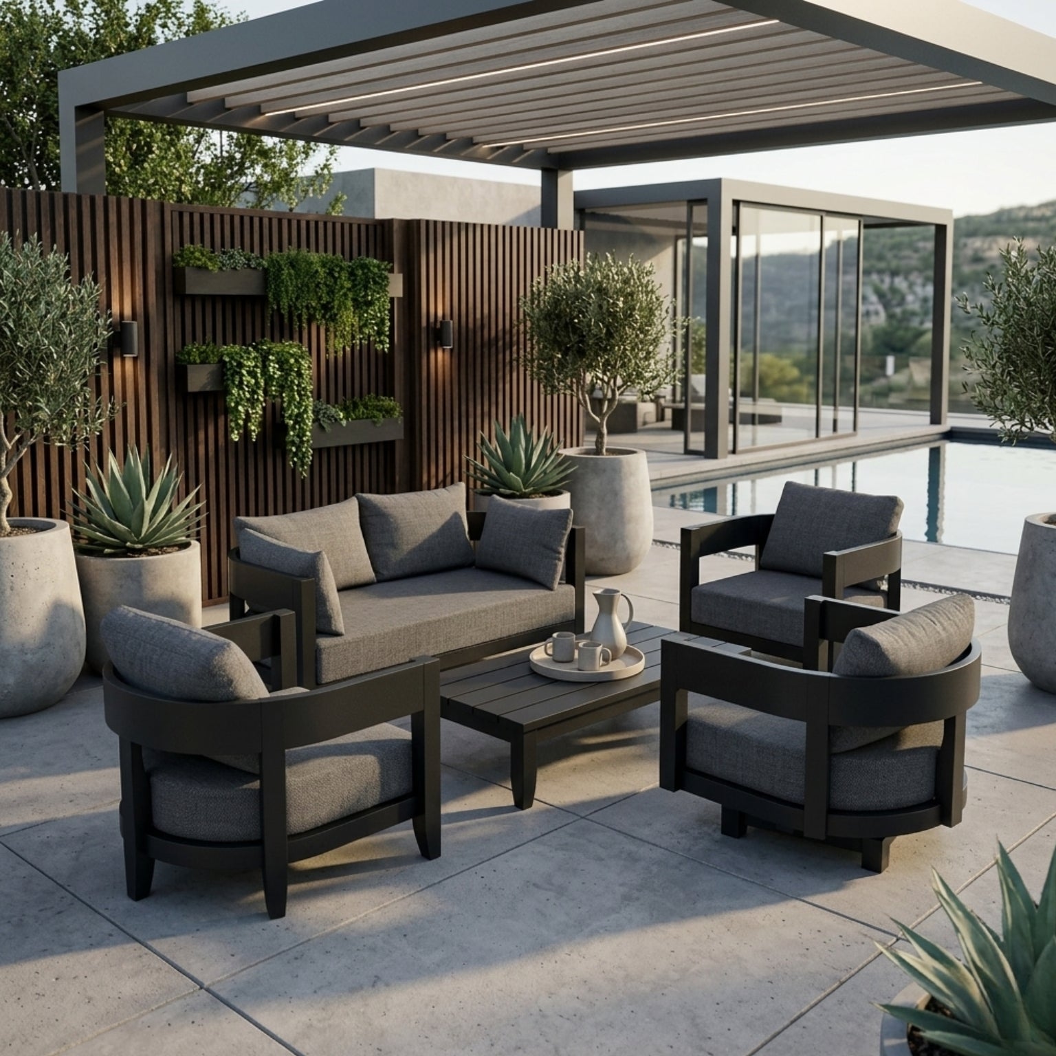 Anderson Teak Coronado 5-piece aluminum outdoor sofa set with deep seating in natural canvas for garden lounge.