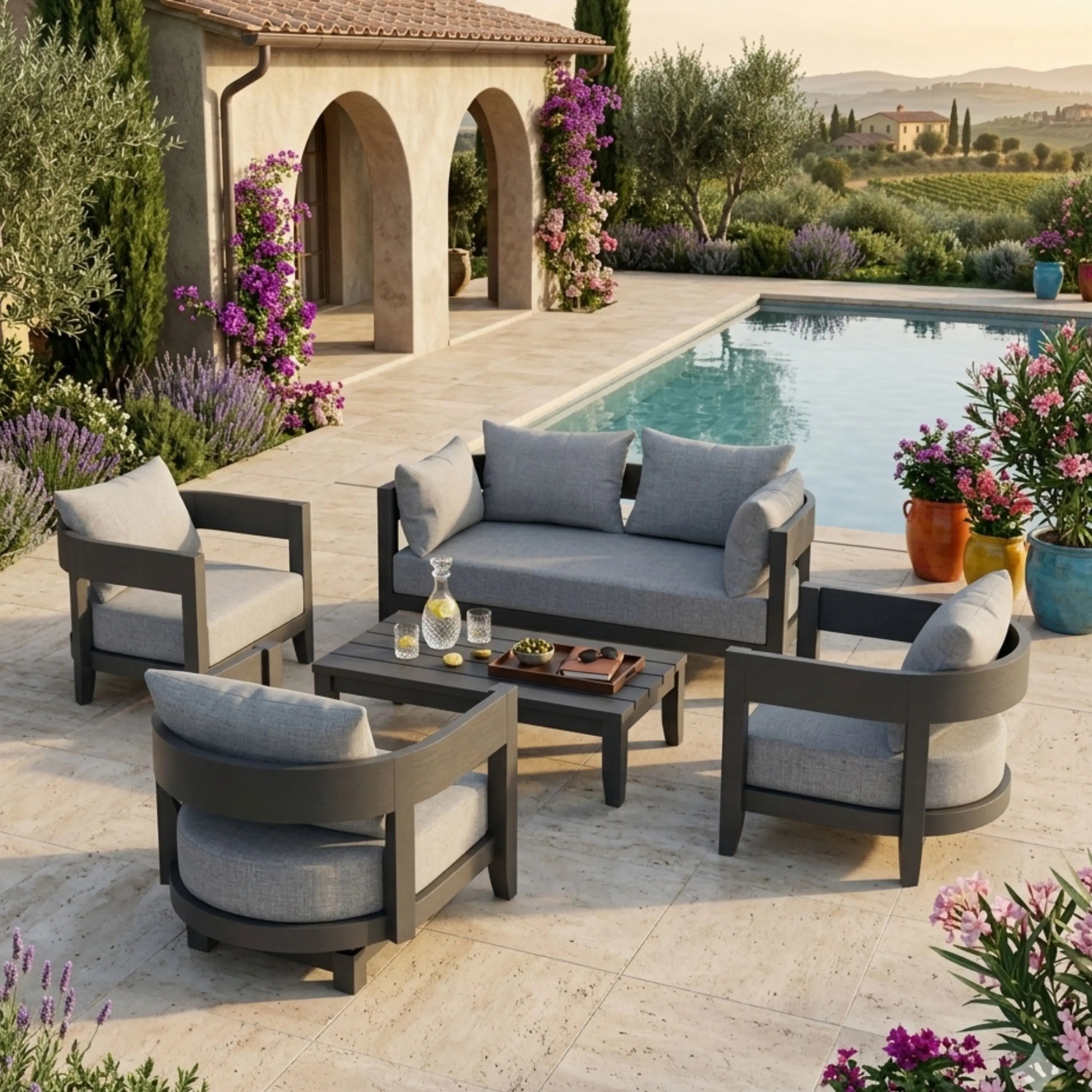 Anderson Teak Coronado 5-piece aluminum outdoor sofa set with deep seating and natural canvas cushions for garden lounge.