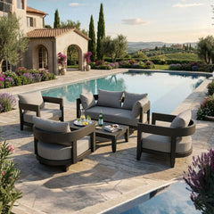 Anderson Teak Coronado 5-piece aluminum outdoor sofa set with deep seating, natural canvas cushions, and multiple designer color options.