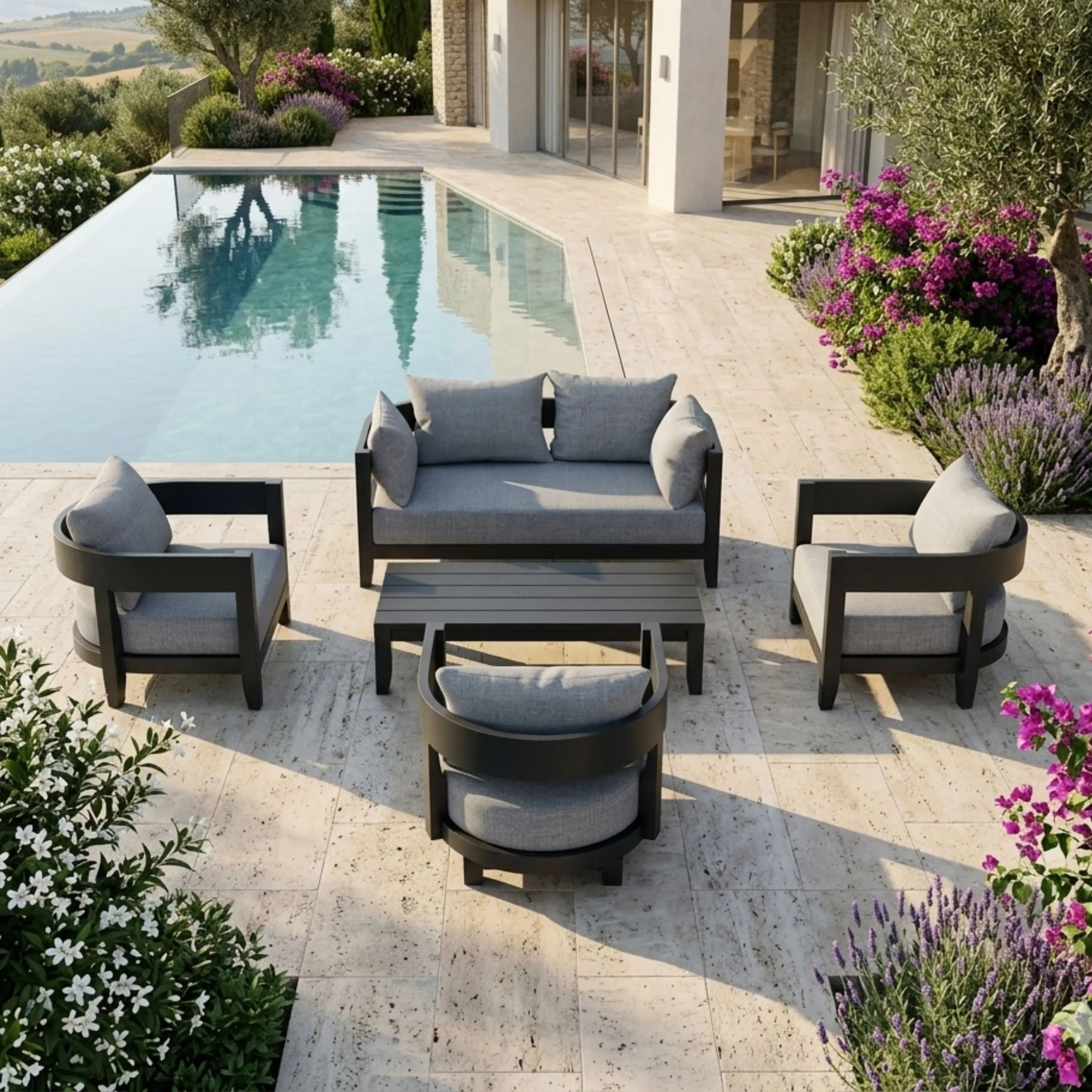 Anderson Teak 5-piece Coronado aluminum outdoor sofa set with deep seating, natural canvas cushions, perfect for garden lounge areas.