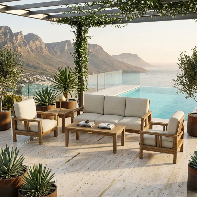 Anderson Teak Southbay outdoor sofa set with deep seating, natural teak wood, stylish cushions, and available in nine designer colors.