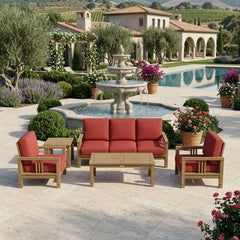 Southbay Teak Wood outdoor sofa set by Anderson Teak with deep seating and natural canvas cushions, perfect for garden lounge.
