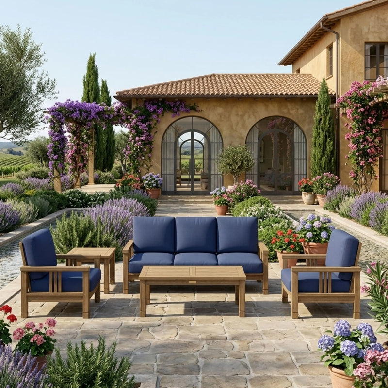 Southbay Teak Wood outdoor sofa set by Anderson Teak, deep seating with natural canvas cushions for garden lounge.