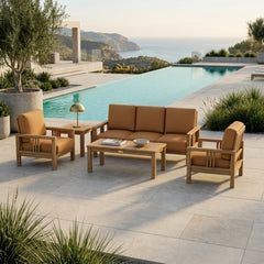 Southbay Teak Wood outdoor sofa set by Anderson Teak with deep seating, natural canvas cushions, and available in nine designer colors.