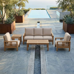 Outdoor Anderson Teak Southbay Teak Wood Deep Seating Sofa Set with natural canvas cushions, designed for garden lounge comfort.