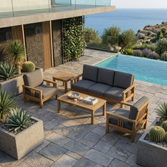 Southbay Teak Wood outdoor sofa set by Anderson Teak, deep seating with natural canvas cushions for garden lounge comfort.