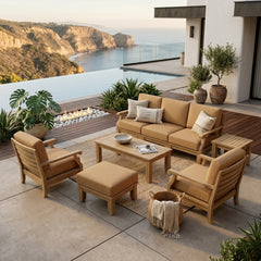 Anderson Teak Riviera Modular Teak Wood Outdoor Sofa Set with deep seating, natural canvas cushions, and nine designer color options.
