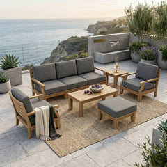 Anderson Teak Riviera Modular Teak Wood Outdoor Sofa Set with natural canvas cushions, deep seating for garden lounge.