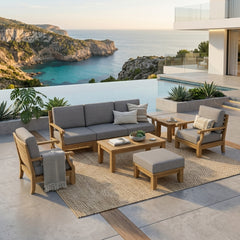 Anderson Teak Riviera Modular Teak Wood Outdoor Sofa Set with deep seating and natural canvas cushions, perfect for garden lounge.