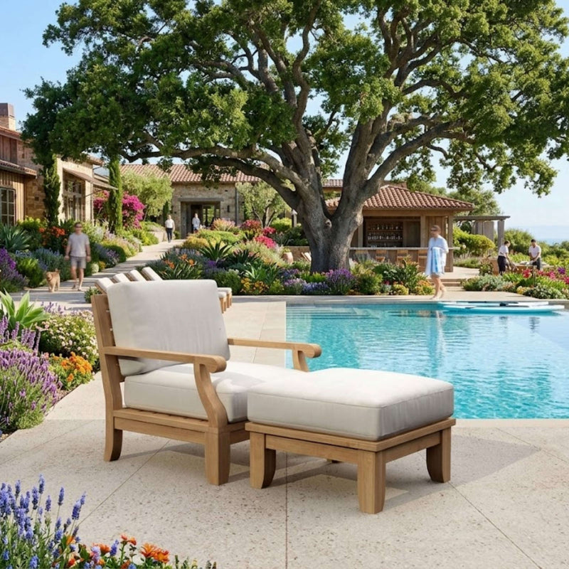 Anderson Teak Riviera teak wood outdoor sofa set with deep seating, armchair, and ottoman in natural canvas for garden lounge.