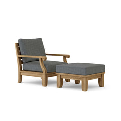 Anderson Teak Riviera teak wood outdoor sofa set with deep seating and ottoman, natural canvas cushions in 9 designer colors.