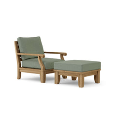 Anderson Teak Riviera Teak Wood outdoor sofa with deep seating and ottoman, natural canvas cushions, in designer colors for garden lounge.