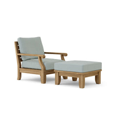 Anderson Teak Riviera Teak Wood outdoor sofa set with deep seating, armchair and ottoman in natural canvas and nine designer colors.