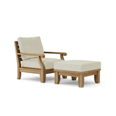 Anderson Teak Riviera teak wood outdoor sofa set with armchair and ottoman in natural canvas, 9 designer colors for garden lounge.