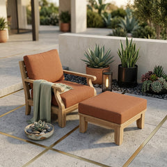 Anderson Teak Riviera teak wood outdoor sofa set with deep seating, armchair, and ottoman in natural canvas for garden lounge.