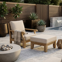 Anderson Teak Riviera Teak Wood outdoor sofa set with deep seating, armchair and ottoman in natural canvas, available in 9 designer colors.