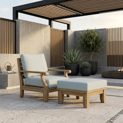 Anderson Teak Riviera teak wood outdoor sofa set with deep seating armchair and ottoman in natural canvas, available in 9 designer colors.