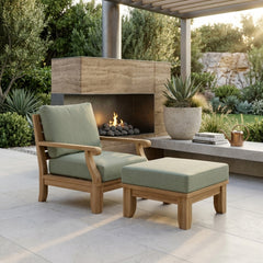 Anderson Teak Riviera Teak Wood outdoor sofa set with armchair and ottoman in natural canvas, 9 designer colors for garden lounge.