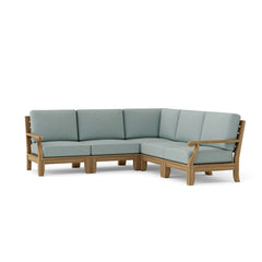 Anderson Teak Riviera outdoor sofa set with teak wood frames, natural cushions, and multiple designer color options for garden lounge.