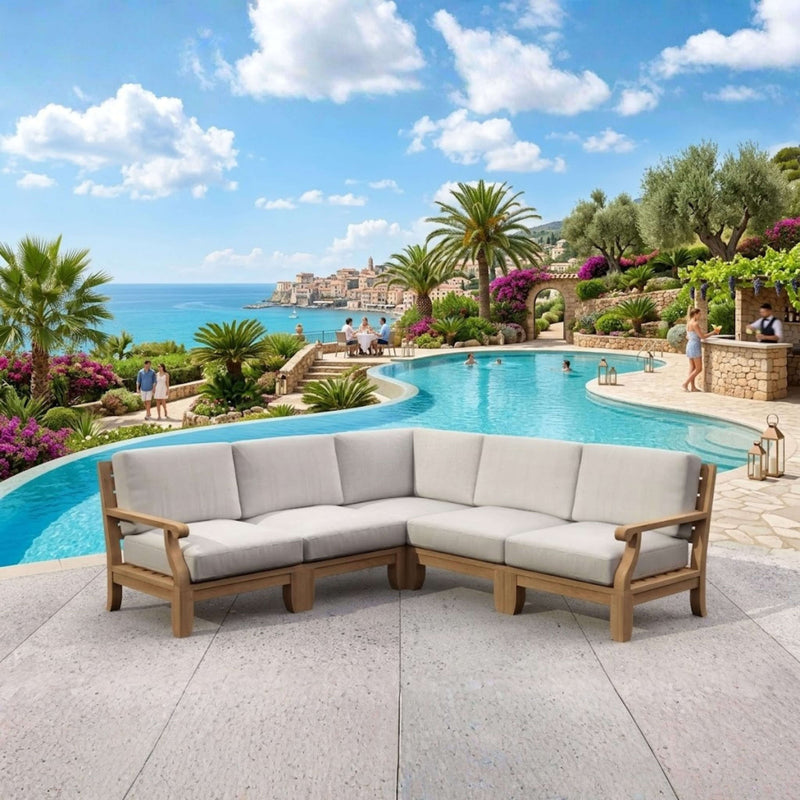 Anderson Teak Riviera teak wood outdoor sectional sofa with natural canvas cushions, garden lounge, in a stylish design.