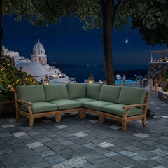 Anderson Teak Riviera Teak Wood Outdoor Sofa Set with deep seating, natural canvas cushions, and available in nine designer colors.