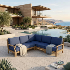 Anderson Teak Riviera Teak Wood Outdoor Sofa Set with deep seating, natural canvas cushions, and nine designer color options for garden lounge.