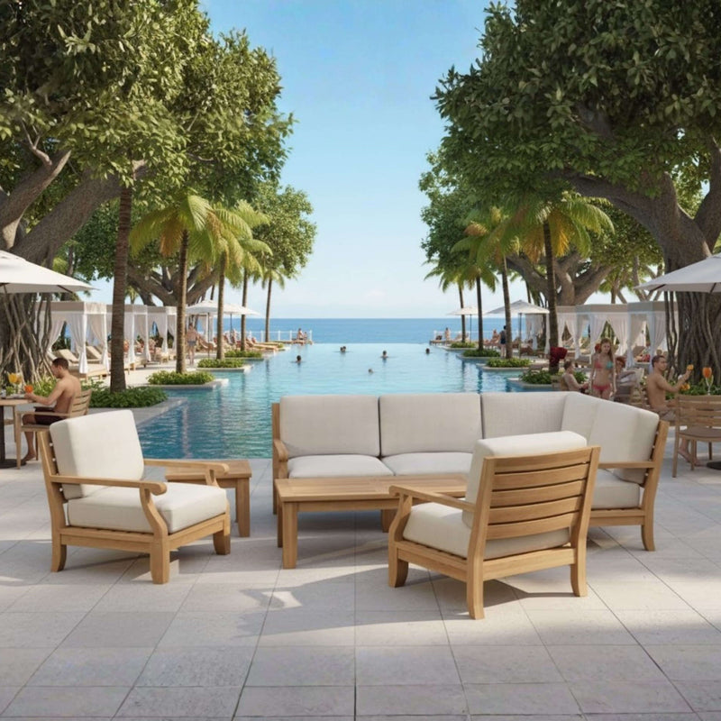 Anderson Teak Riviera teak wood outdoor sectional sofa with natural fabric cushions, designed for garden lounge, available in 9 colors.