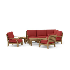 Anderson Teak Riviera teak wood outdoor sofa set with natural canvas cushions, designed for garden lounge, in natural light.
