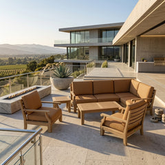 Anderson Teak Riviera Teak Wood outdoor sectional sofa with natural canvas cushions, 9 designer colors for garden lounge.