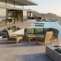 Anderson Teak Riviera teak wood outdoor sofa set with deep seating, natural canvas cushions, and available in nine designer colors.