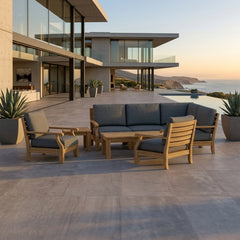 Anderson Teak Riviera Teak Wood outdoor sectional sofa set with natural canvas cushions, designed for garden lounge and patio use.