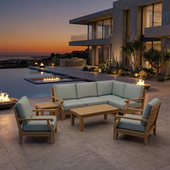 Anderson Teak Riviera Teak Wood Deep Seating Outdoor Sofa Set with natural canvas cushions, 9 designer color options for garden lounge.