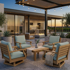 Anderson Teak Riviera teak wood outdoor sofa set with deep seating and cushions, in natural canvas fabric, for garden lounge.