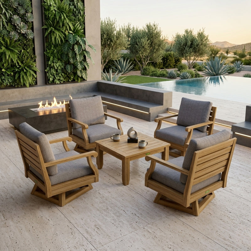 Anderson Teak Riviera teak wood outdoor sofa set with deep seating, natural canvas cushions, in a garden lounge setting.